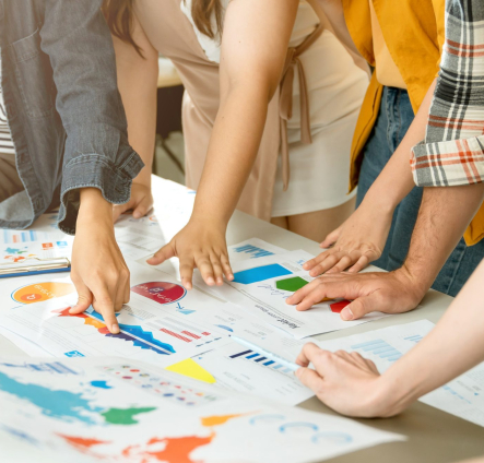 closeup Group of asian and caucasian young creative happy enjoy